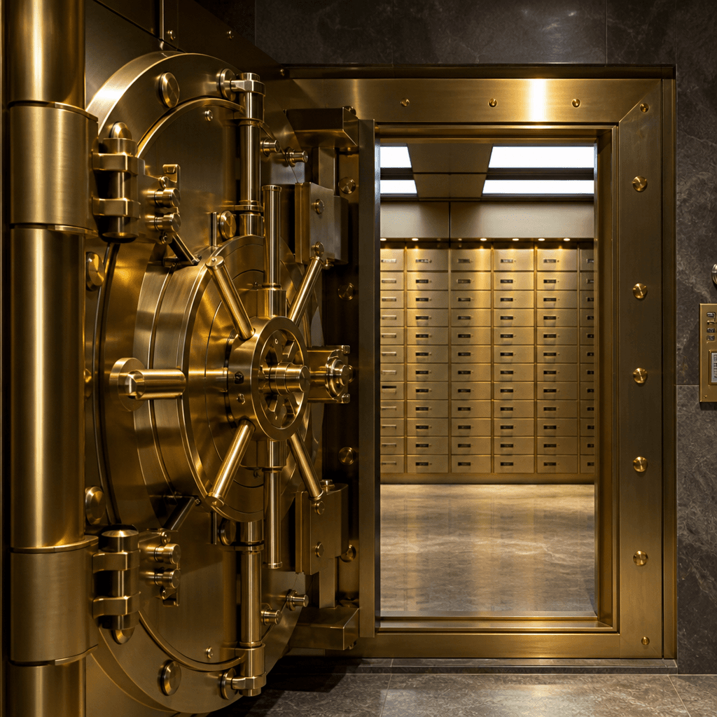 A massive, impenetrable industrial steel vault door in a dimly lit, luxurious underground space, with warm golden light spilling from behind the slightly open door onto stacked gold bars.