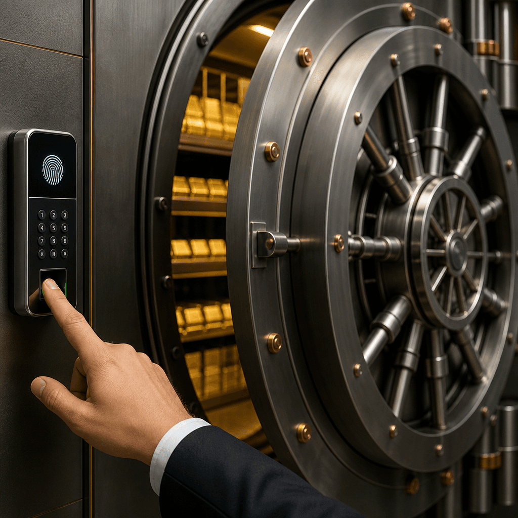 Secure underground gold storage vault with precious metal holdings.
