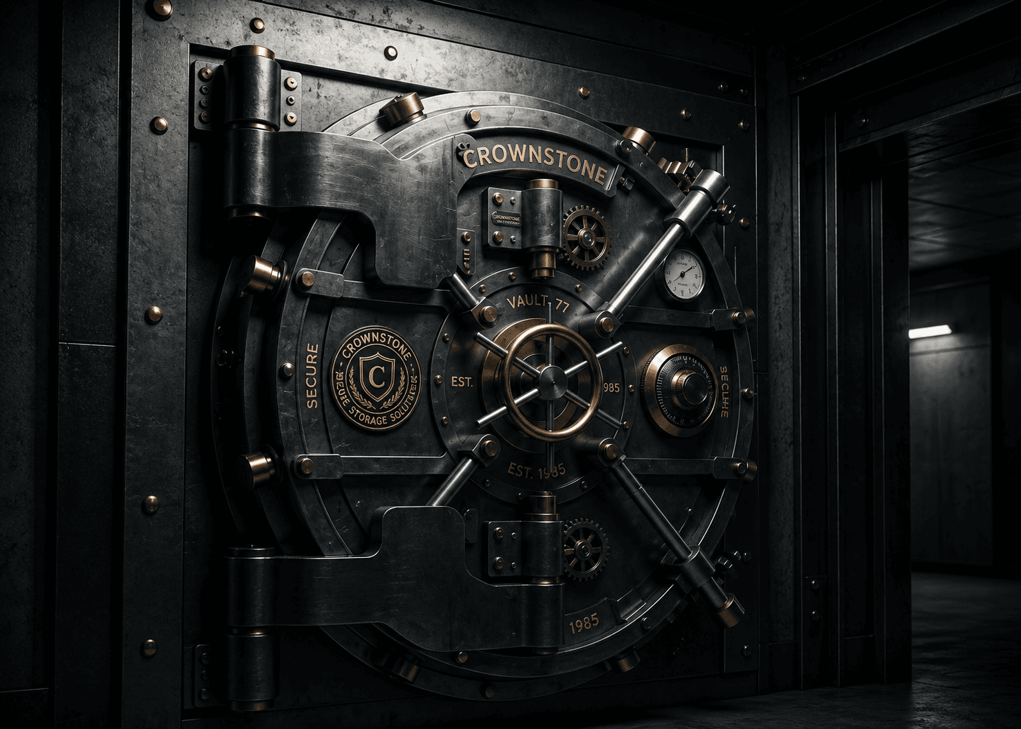 A heavy industrial vault door inside a secure, darkly lit facility.