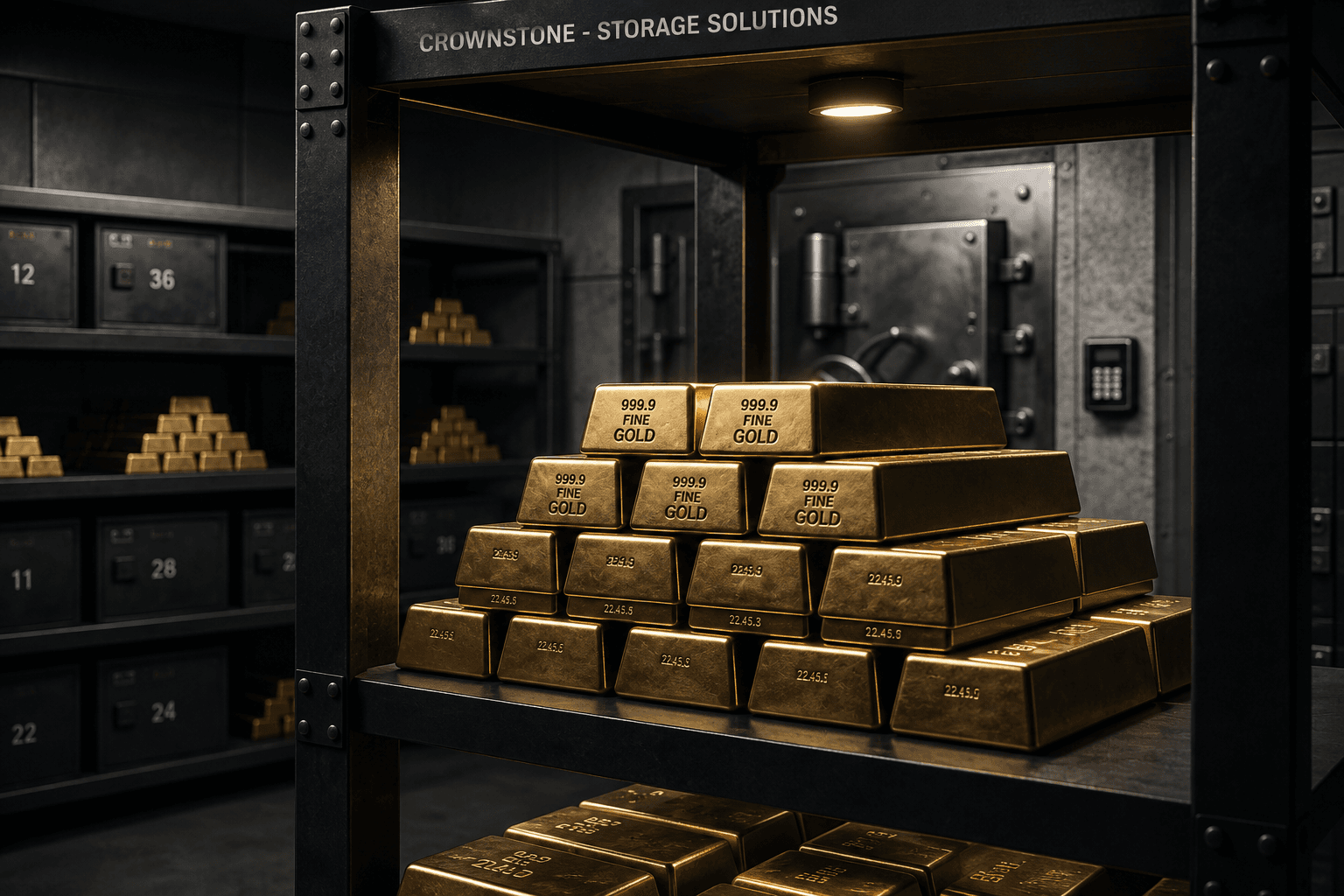 A meticulously arranged stack of heavy, gleaming gold bars inside a highly secure, darkly lit vault.