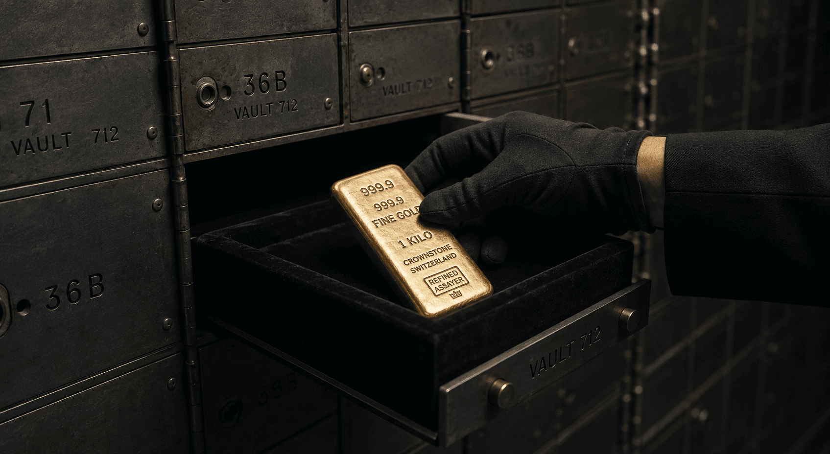 A close-up shot of a gloved hand placing a gleaming gold bar stamped '999.9 Fine Gold' into a dark, velvet-lined safety deposit box inside a steel vault.