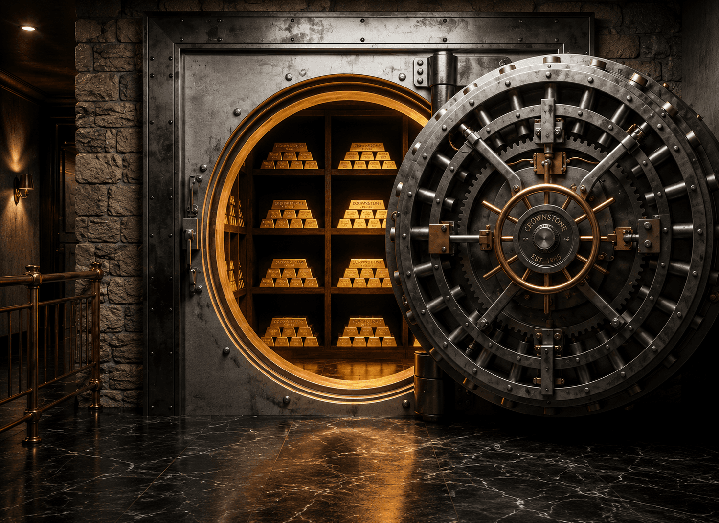 A massive, impenetrable industrial steel vault door in a dimly lit, luxurious underground space, with warm golden light spilling from behind the slightly open door onto stacked gold bars.